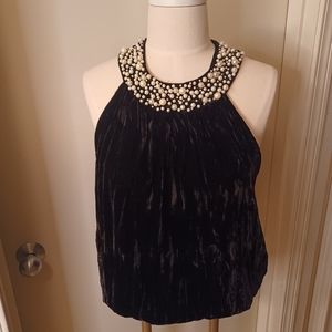 SUNNY LEIGH Crushed velvet tank top with pearl-accented collar, women’s sz XL